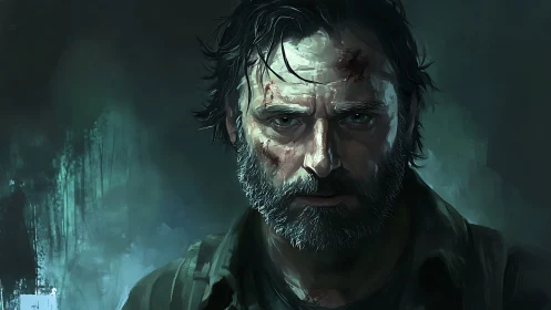 Wounded bearded man staring forward in dark setting.