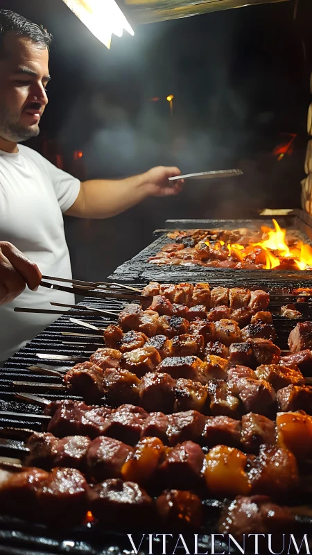 Man grilling meat skewers over open flame at night.