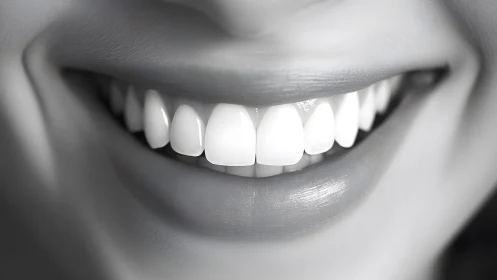Close-up of Smiling Mouth with Perfect White Teeth in Monochrome.