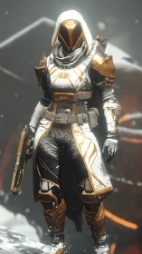 Armored sci‑fi sentinel in white and gold exosuit stands poised