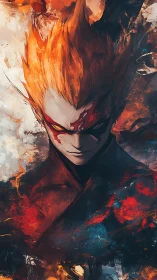 Blazing avenger amid fractured firestorm abstraction.