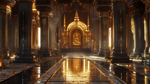 Golden temple hall glowing with quiet sacred light.