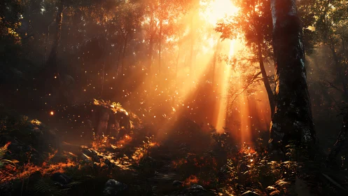 Sunlit forest glade glows with drifting embers of light.
