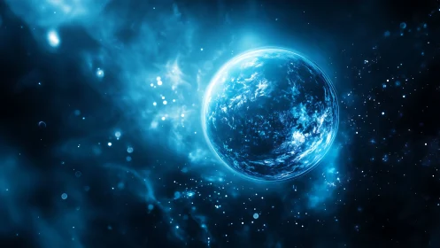 Luminescent exoplanet rendered in high-contrast blue nebular field