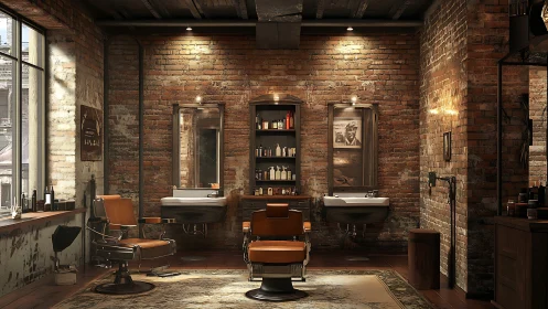Cozy industrial barbershop with warm brick and vintage glow.
