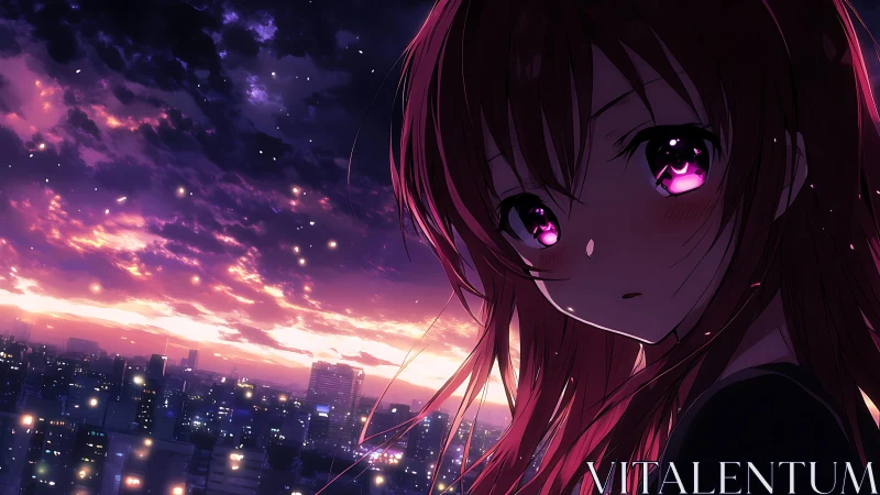 Anime girl over twilight city skyline with glowing eyes.