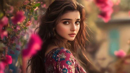 Digital painting portrait in floral bokeh garden environment.