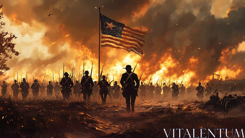 Military formation with national flag against large-scale fire.