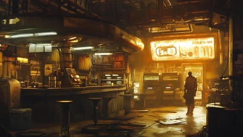 Backlit cyberpunk bar interior with industrial ducts and neon signage