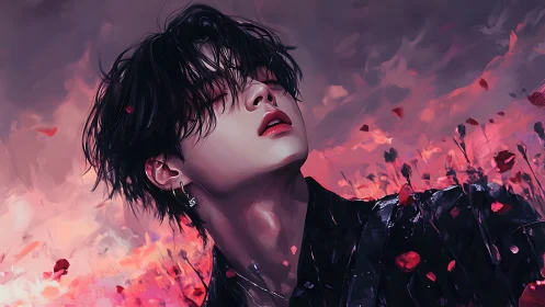 Digital painting portrait with crimson dusk floral dynamics.