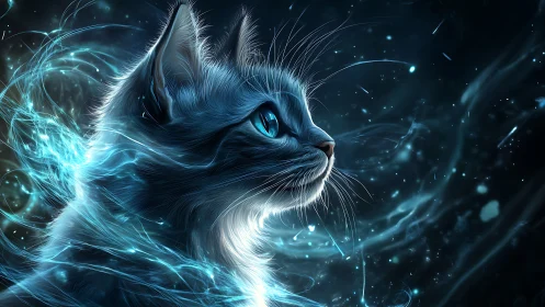 Ethereal Feline Commands Electric Storm Through Celestial Space