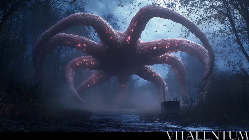 Giant tentacled monster looms over dark forest road.