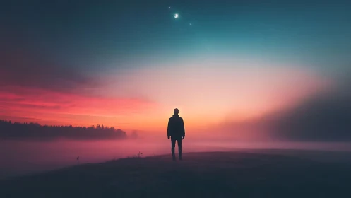 Silhouette stands on misty field under colorful dawn sky