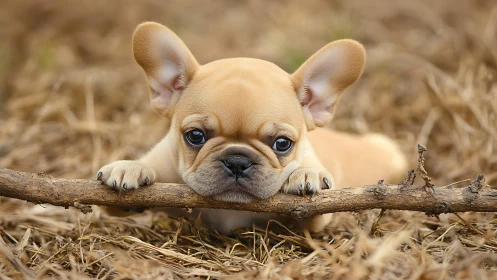 Small fawn dog holds dry branch on straw-covered ground