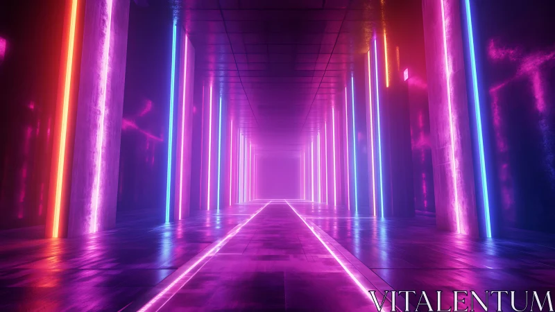 Neon tunnel corridor with symmetrical chromatic light diffusion.