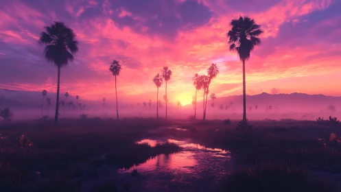 Sunset illuminates palm-lined wetland with reflective stream