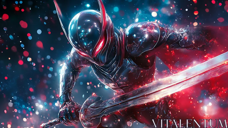 Cybernetic blade warrior in dynamic neon combat composition.