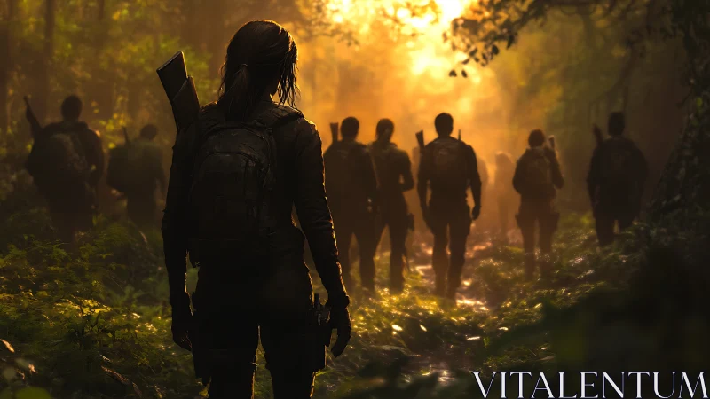 Armed hikers walk through dense forest toward bright sunset