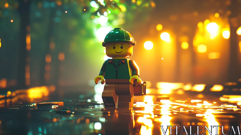 Cheerful toy explorer strolling through a glowing city evening.