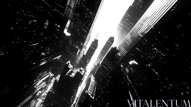 Skyscraper canyons tilt into a blinding river of neon light