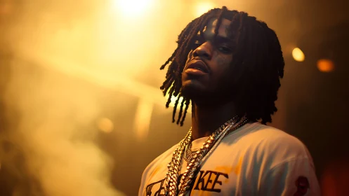 Portrait of a man under warm stage lighting in shallow focus