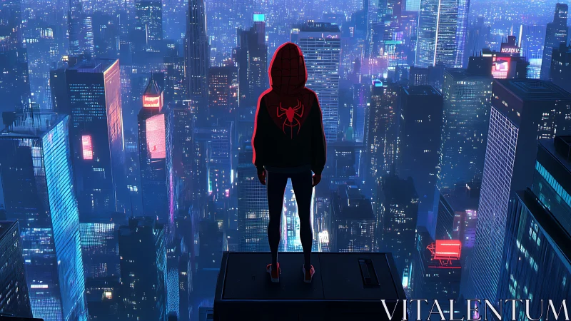 Rooftop hoodie hero watching a neon city exhale at night.