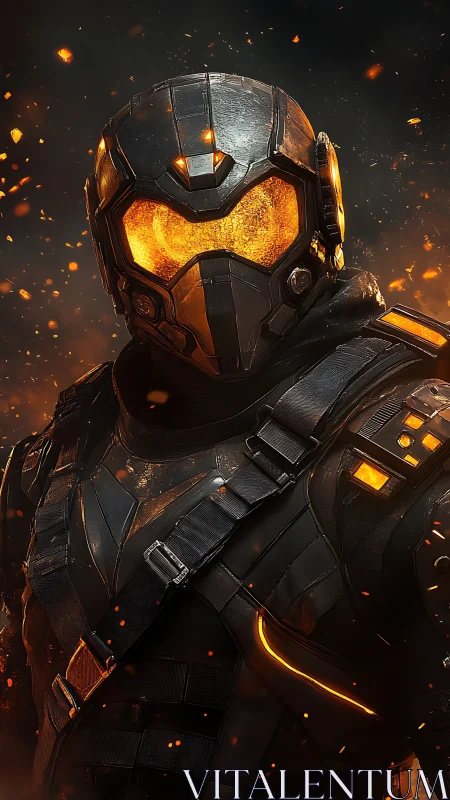 Ember-armored future soldier strides through drifting sparks.