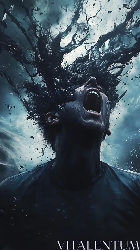 Exploding dark fluid head with figure screaming upward.