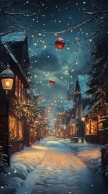 Snowy Christmas street glows with warm festive lights.