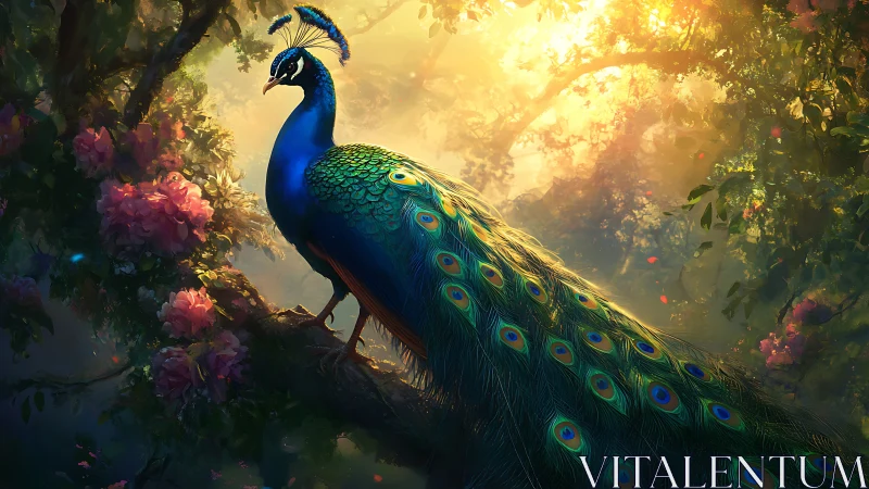 Digital illustration of peacock on branch in dense forest.