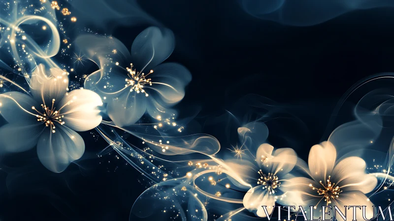 Enchanting Blue and Gold Flowers Dance with Magical Sparkle