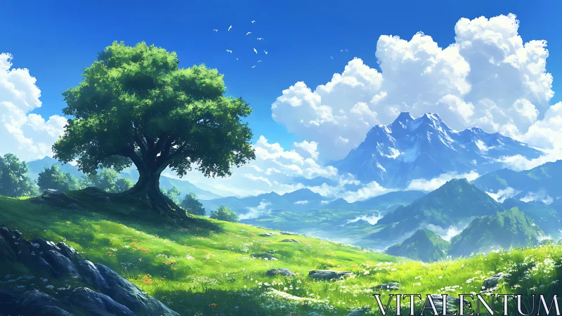 Sunlit hilltop tree watching over bright mountain valley.