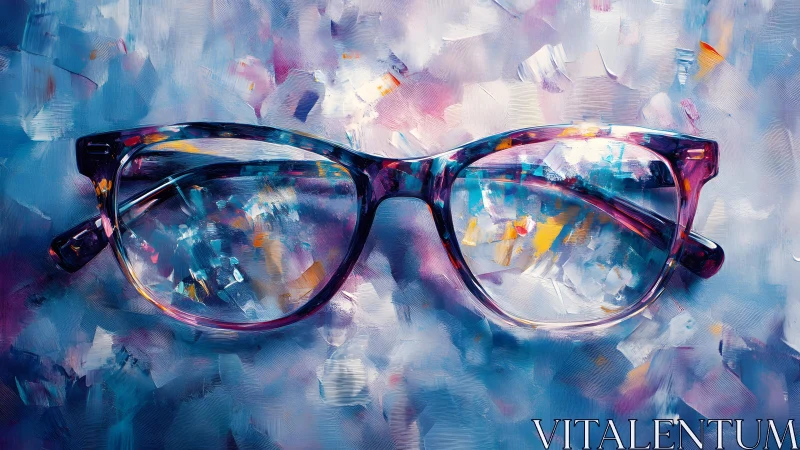 Vibrant eyeglasses in abstract impressionist style on colorful canvas.