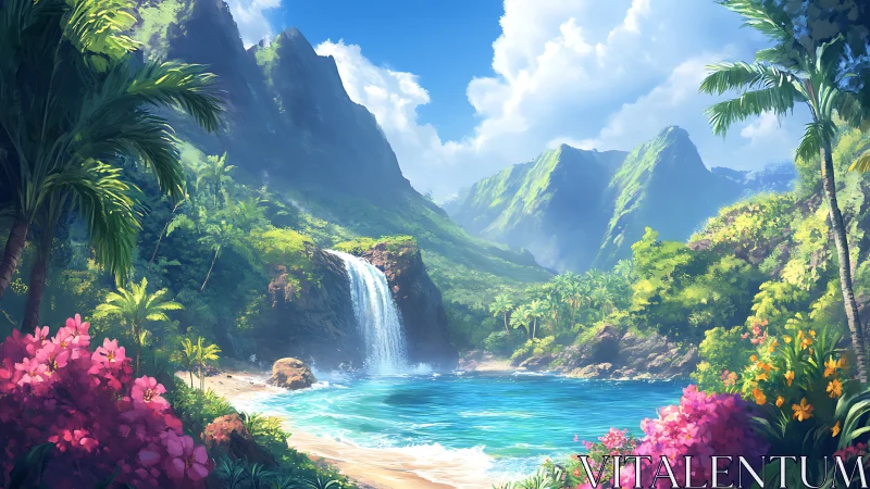 Tropical Waterfall Paradise with Turquoise Waters.