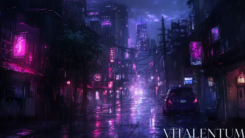 Neon drenched cyberpunk alley glows through a rainy night