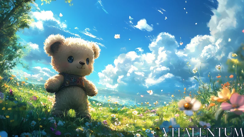 Digital painting of teddy bear in luminous spring meadowscape.