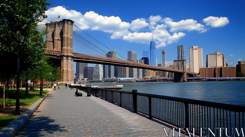 Photorealistic Brooklyn Bridge skyline with linear waterfront promenade.