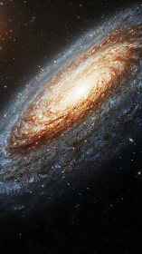 Spiral galaxy glows in deep space with radiant golden core
