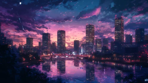 Neon city skyline over river under vivid twilight sky.