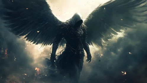 Midnight winged guardian stepping from stormlit shadows.