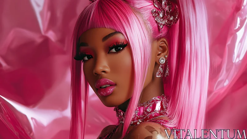 Pink haired digital portrait with glossy glam styling.
