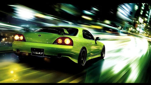 Green sports car on blurred night city street scene.