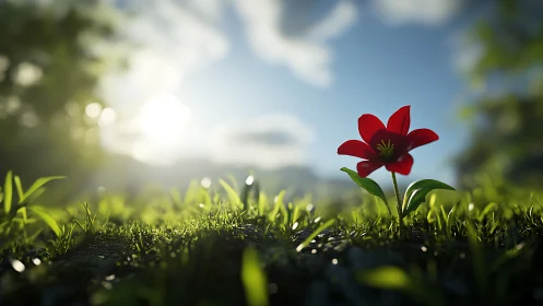 Red flower stands in sharp focus against soft sunrise field