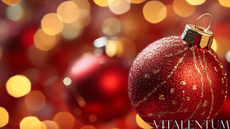 Red glitter Christmas bauble hangs against warm bokeh lights