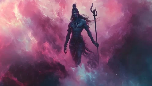 Celestial guardian walking through swirling cosmic mist.