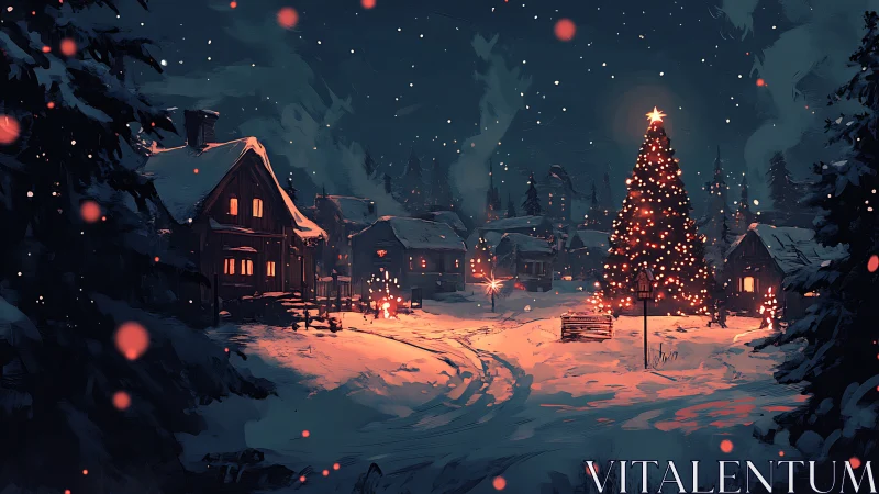 Snow-covered village square displays illuminated winter tree