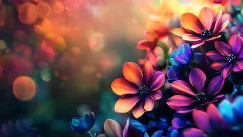 Vibrant Rainbow Flowers Bloom in Dreamlike Digital Garden