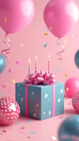 Birthday Gift with Lit Candles Surrounded by Pink Balloons and Confetti