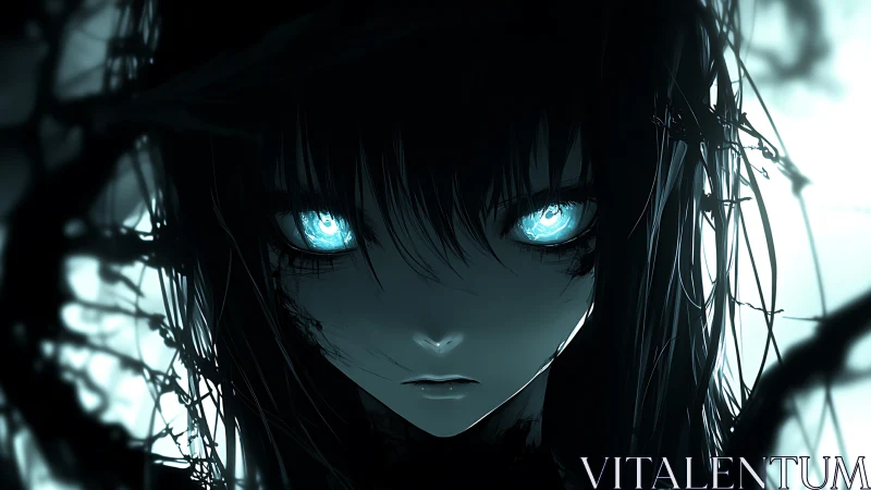 Haunting anime girl with glowing eyes confronts the darkness