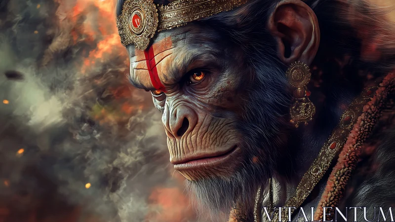 Simian warrior figure with ornate crown and jewelry.